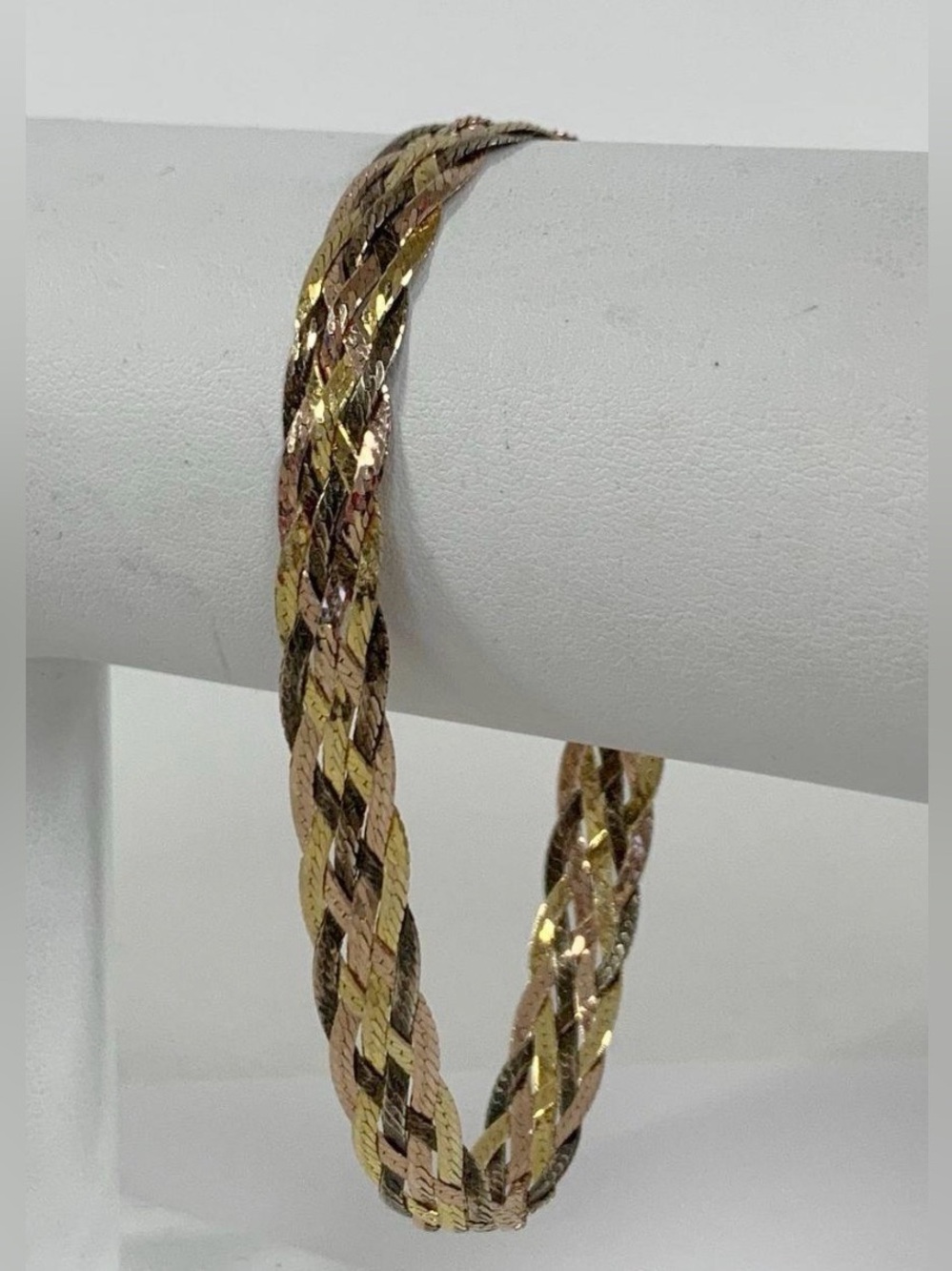 925 Silver Rose & Yellow Gold Plated Braided Herringbone Chain Bracelet 7.74g